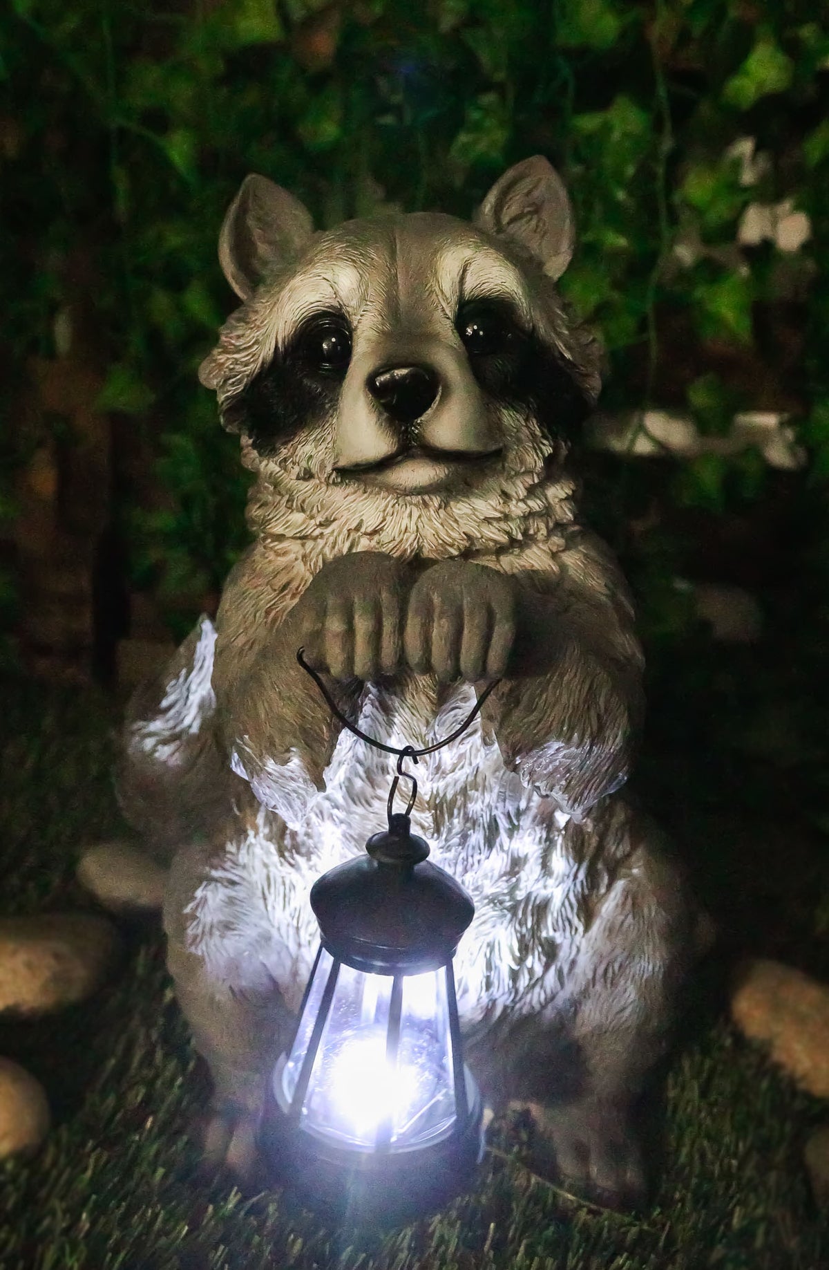 Ebros Night Bandit American Raccoon Statue Holding Solar Lantern LED Light 15"H - Ebros Gift