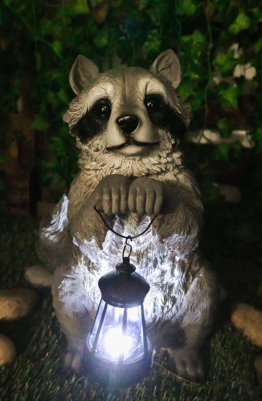 Ebros Night Bandit American Raccoon Statue Holding Solar Lantern LED Light 15"H - Ebros Gift