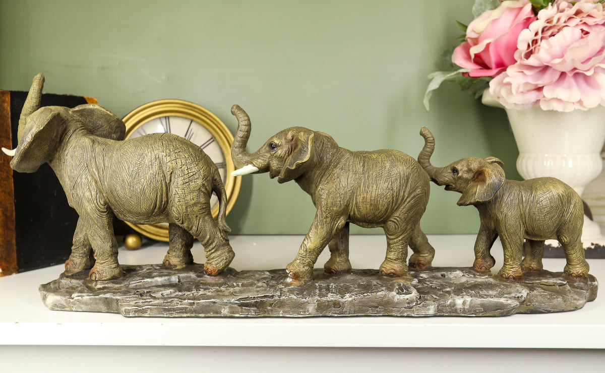 Ebros Safari Savanna Trio Marching Elephants Father and 2 Calves On A Single File Statue 17.5" Long Elephant Family Migration Figurine Sculpture Decor Gifts Feng Shui Vastu Symbol of Luck and Fortune