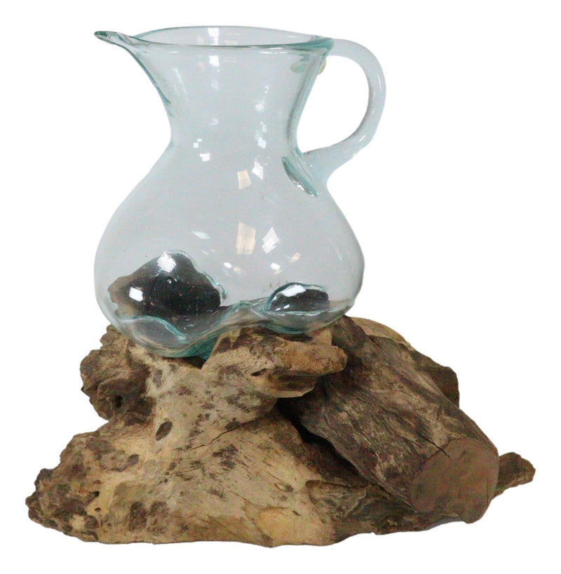 Set Of 2 Balinese Natural Gamal Wood Driftwood With Molten Glass Water Jugs