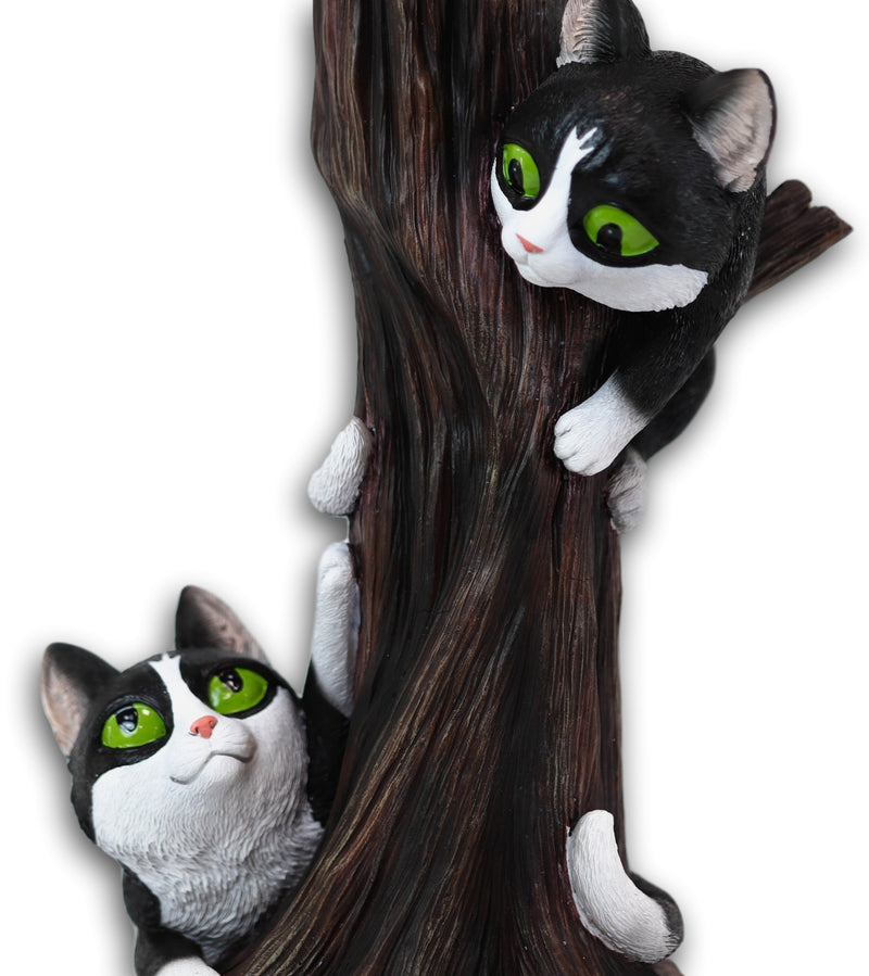 Black Kitten Cats by Garden Tree Outpost Statue With Solar LED Lantern Light