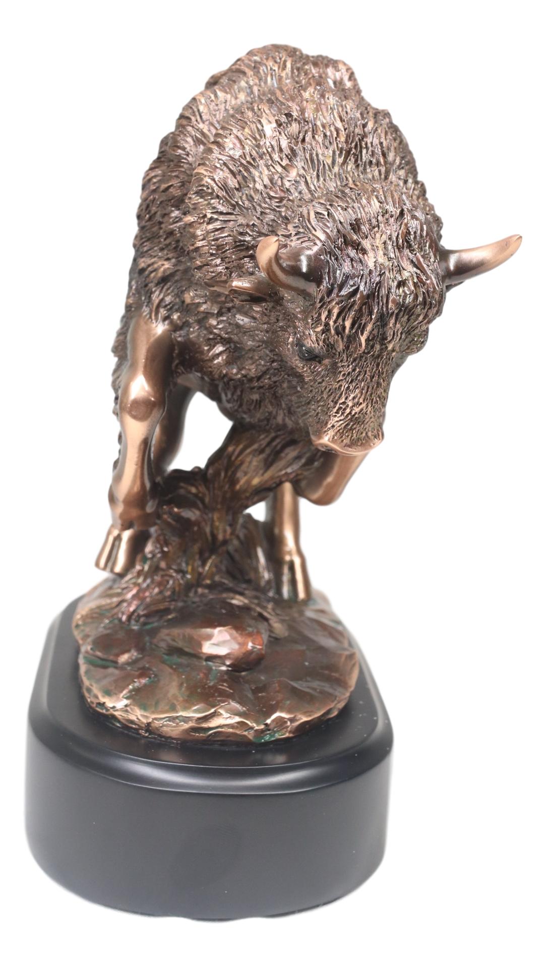 Western Charging American Buffalo Bison Bull Bronze Electroplated Resin Statue - Ebros Gift