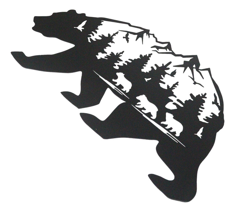 Rustic Scenic Black Bear With Cubs Pine Forest Mountains Wall Metal Cutout Decor