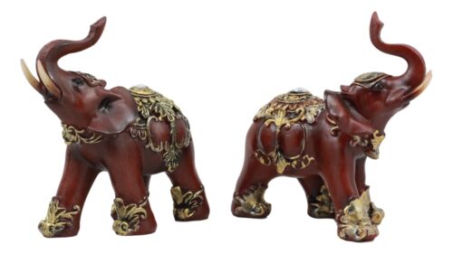 Ebros Faux Wood Feng Shui Elephant with Trunk Up Statue Set of 2 Long Decorated Thai Buddhism Noble Elephant Trumpeting Left and Right Directions Animal Sculpture - Ebros Gift