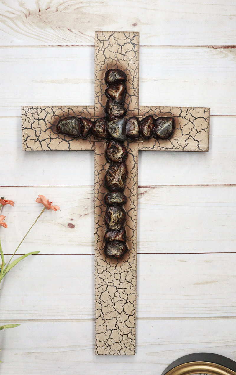 Rustic Country Western Faux Crackled Wood with Pebble Rock Stones Wall Cross