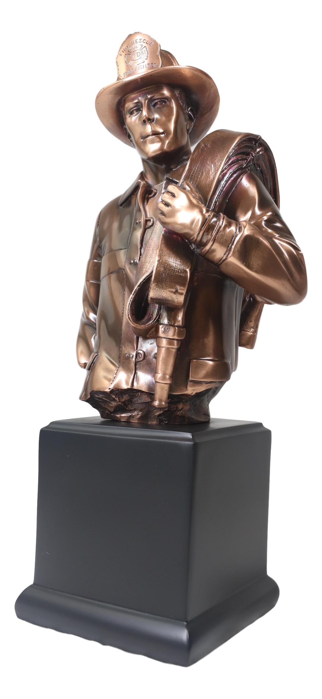 Fireman Carrying Fire Fighter Hose Reel Portrait Bust On Trophy Base Statue - Ebros Gift