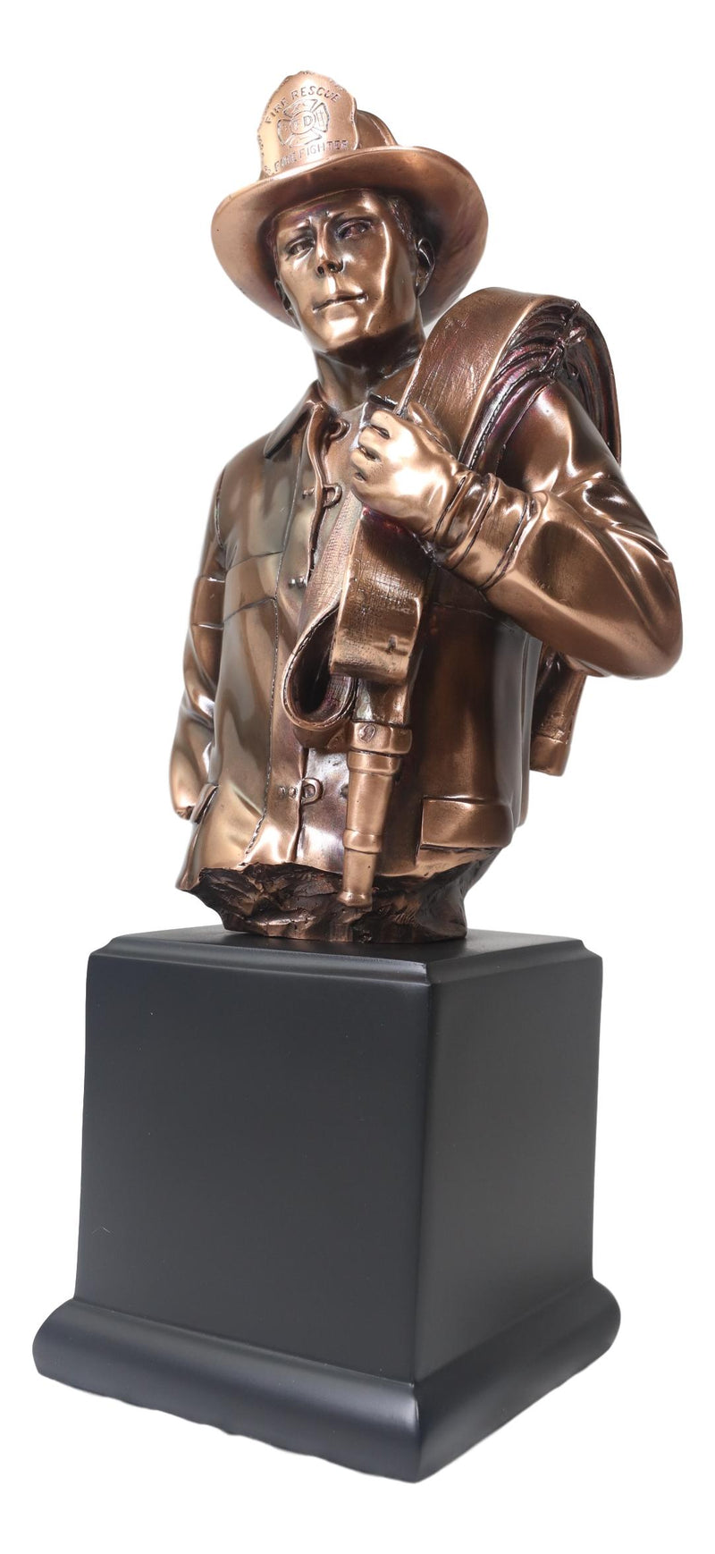 Fireman Carrying Fire Fighter Hose Reel Portrait Bust On Trophy Base Statue