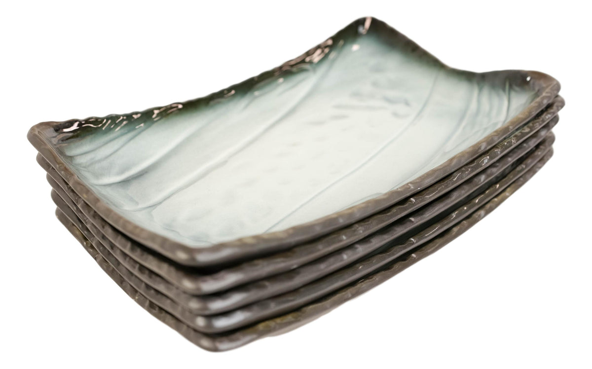 Pack Of 5 Ceramic Zen Blue Dinner Salad Sushi Entree Curved Platter Plate 10.5"L