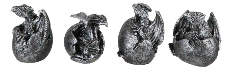 Set of 4 Silver Whimsical Wyrmling Baby Dragon Egg Hatchlings Mini Figurines