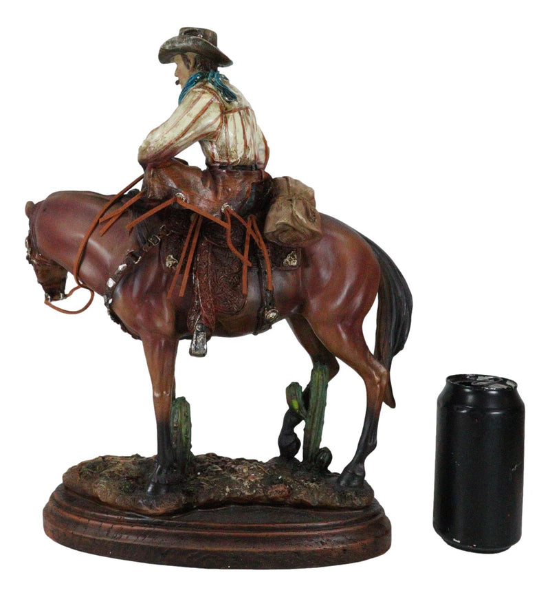 Western Desert Cowboy On Saddleback Brown Stallion Horse By Cactus Figurine