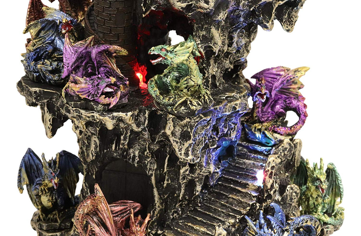 Ebros Medieval Renaissance Castle Tower Fortress by Stepped Rocky Cliff Display Stand Statue With 12 Miniature Dragons In Different Poses Figurine 13 Piece Set Featuring Color Changing LED Night Light