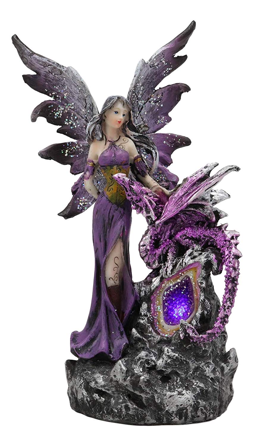 Purple Fairy With Dragon Sitting On LED Crystal Geode Night Light Statue Decor - Ebros Gift