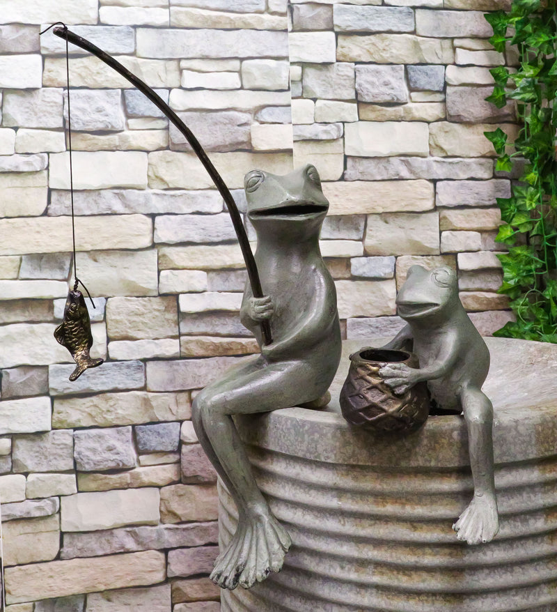 Ebros Large Verdi Green Aluminum Mama Frog and Baby Frog Fishing Garden Statue Bonding Time Whimsical Frog Themed Pond Patio Poolside Decorative Edge Sitter Sculpture Figurine