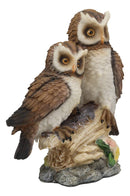 Romantic 2 Great Horned Owl Couple On Tree Stump Statue 6.25"H Valentines Owls