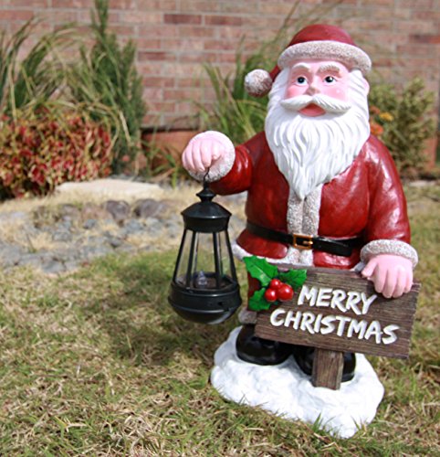 Ebros Jolly Seasons Merry Christmas Santa Claus Holding Greeting Sign Decorative Statue With Solar LED Light Lantern Lamp 16.5"H As Home Patio Welcome Entrance Decor Guest Greeter Figurine - Ebros Gift