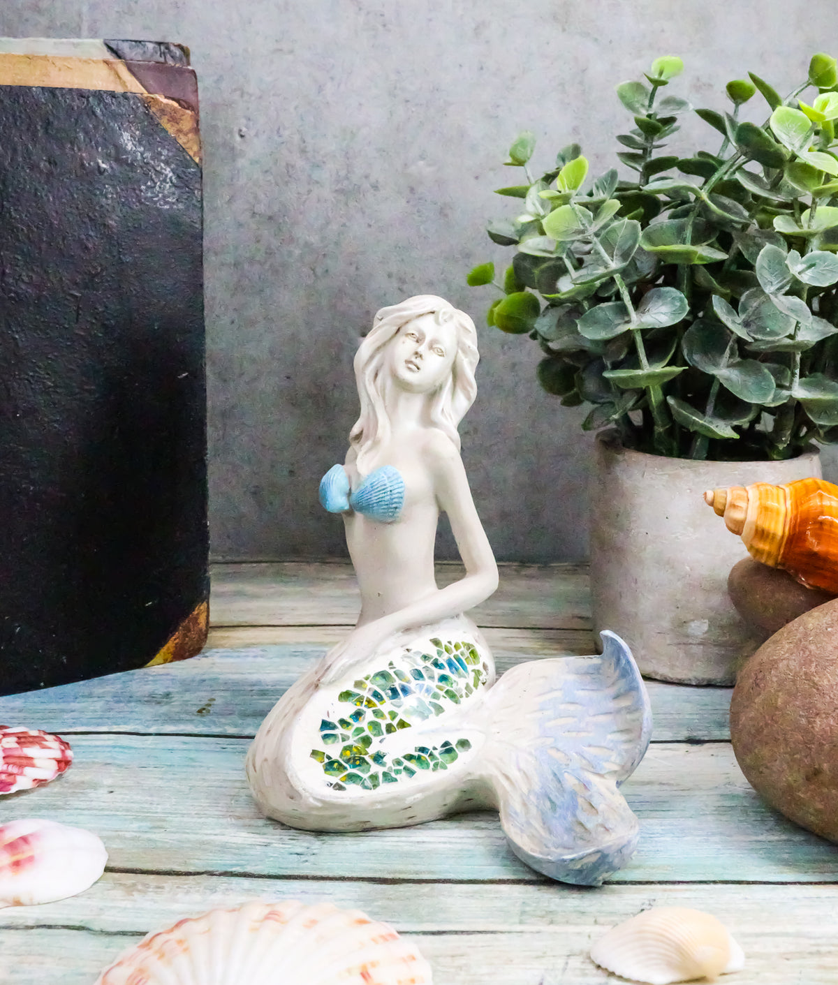 Sitting Baby Blue Mermaid Statue Decor with Mosaic Crushed Glass Tail 4.75"H