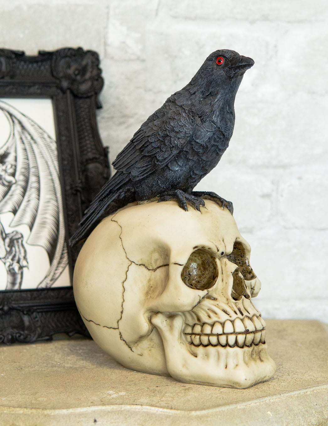 Quoth The Raven Nevermore Black Crow With Red Eyes On Macabre Skull Figurine - Ebros Gift