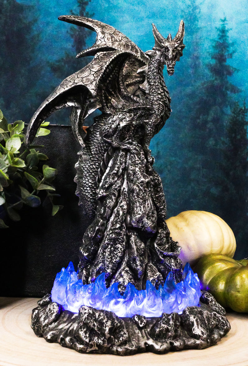Ebros 10"H Volcano Blue Magma Dragon On Rock Tower Figurine with LED Night Light - Ebros Gift