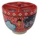 Ebros Japanese Dining Tempura Udon Noodles And Tentsuyu Dipping Sauce Large 6"D Bowl With Condiment Divider Lid And Built In Chopsticks Rest With Bamboo Chopsticks Set (Red Floral Breeze)