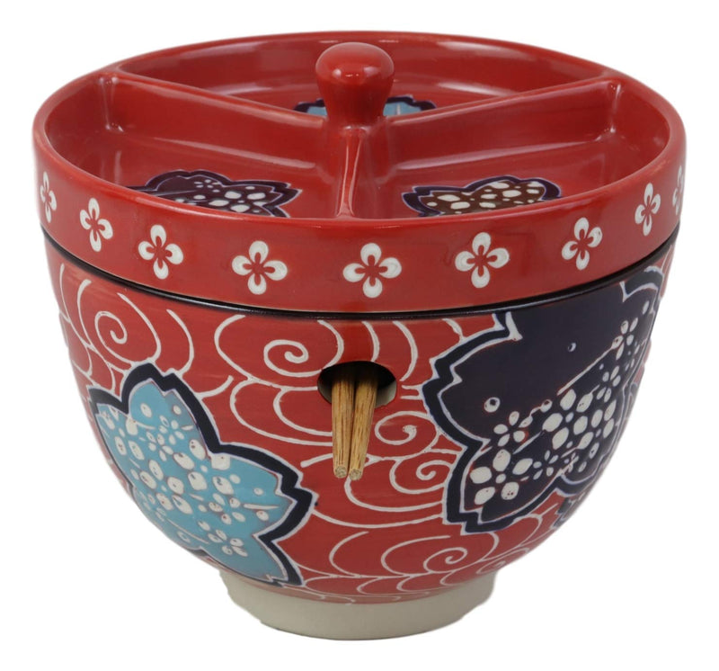 Ebros Japanese Dining Tempura Udon Noodles And Tentsuyu Dipping Sauce Large 6"D Bowl With Condiment Divider Lid And Built In Chopsticks Rest With Bamboo Chopsticks Set (Red Floral Breeze)