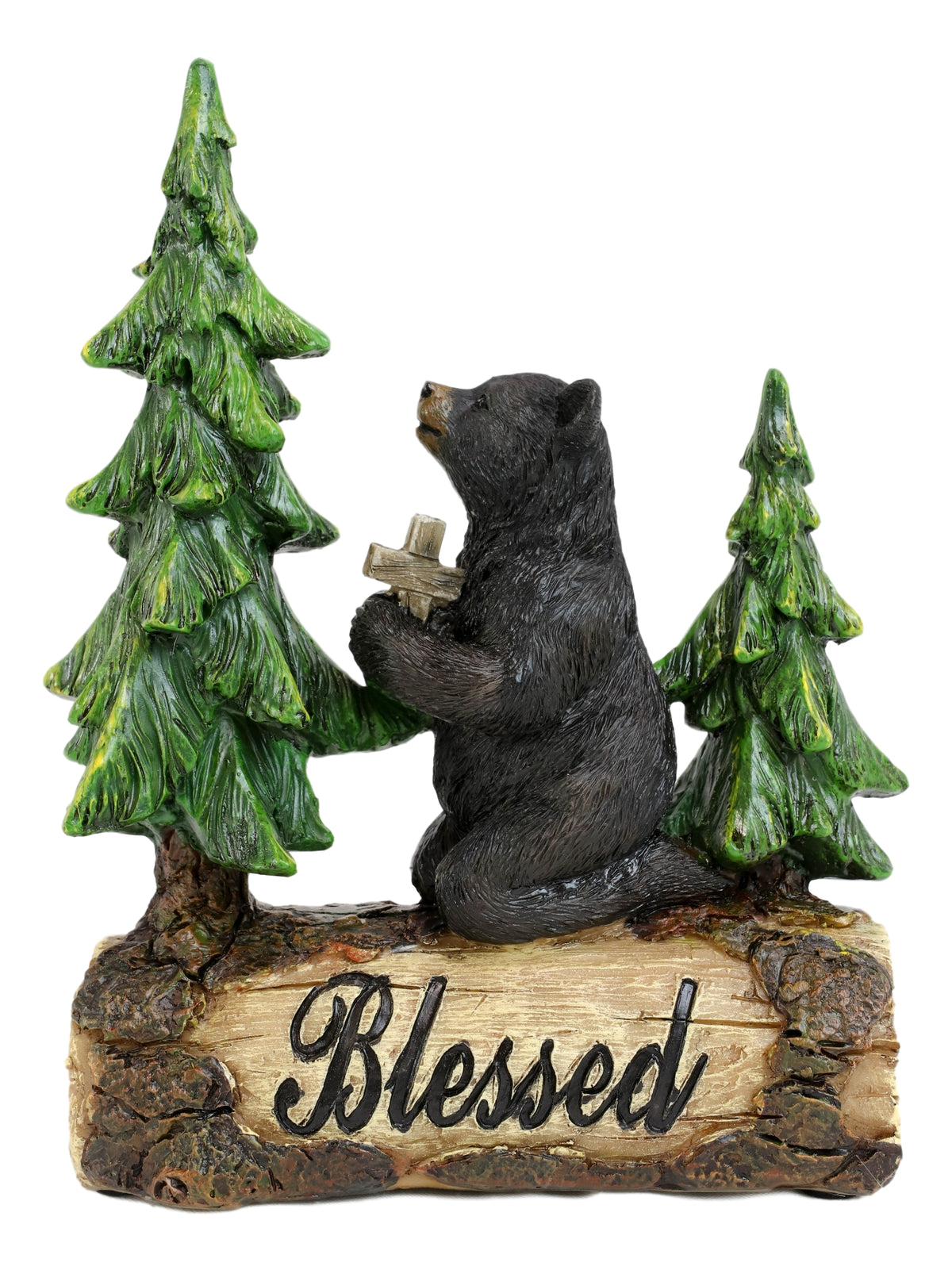 Blessed Rustic Western Black Bear Kneeling On Log by Pine Trees Praying Statue