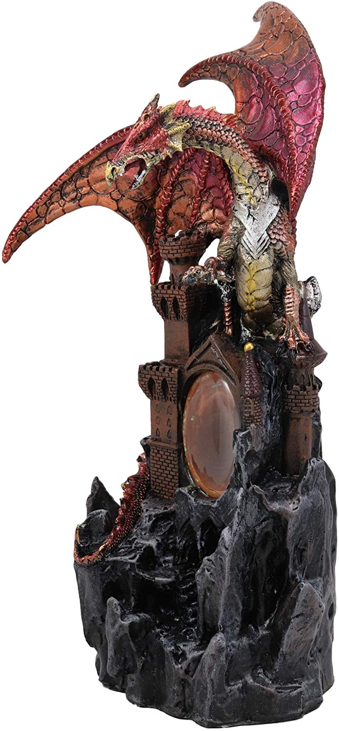 Ebros Large Red Fire Dragon On Rocky Castle Statue With Wizard LED Light Glass Ball - Ebros Gift