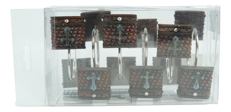 Rustic Turquoise Cross On Faux Weaved Leather Bathroom Shower Curtain Hooks 12pk