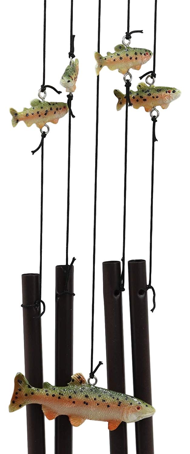 Ebros Gift Rustic Woodland Forest Black Bear Mother and 2 Cubs Family Rowing Canoe Boat Figurine Top Resonant Wind Chime with Fish Ornaments Garden Patio Rustic Cabin Lodge Mountain River Home Accent