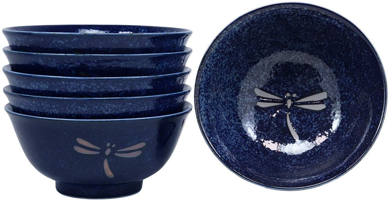 Ebros Japan Made Blue Tombo Dragonfly Ochawan Rice Soup Porcelain Bowls Set of 6