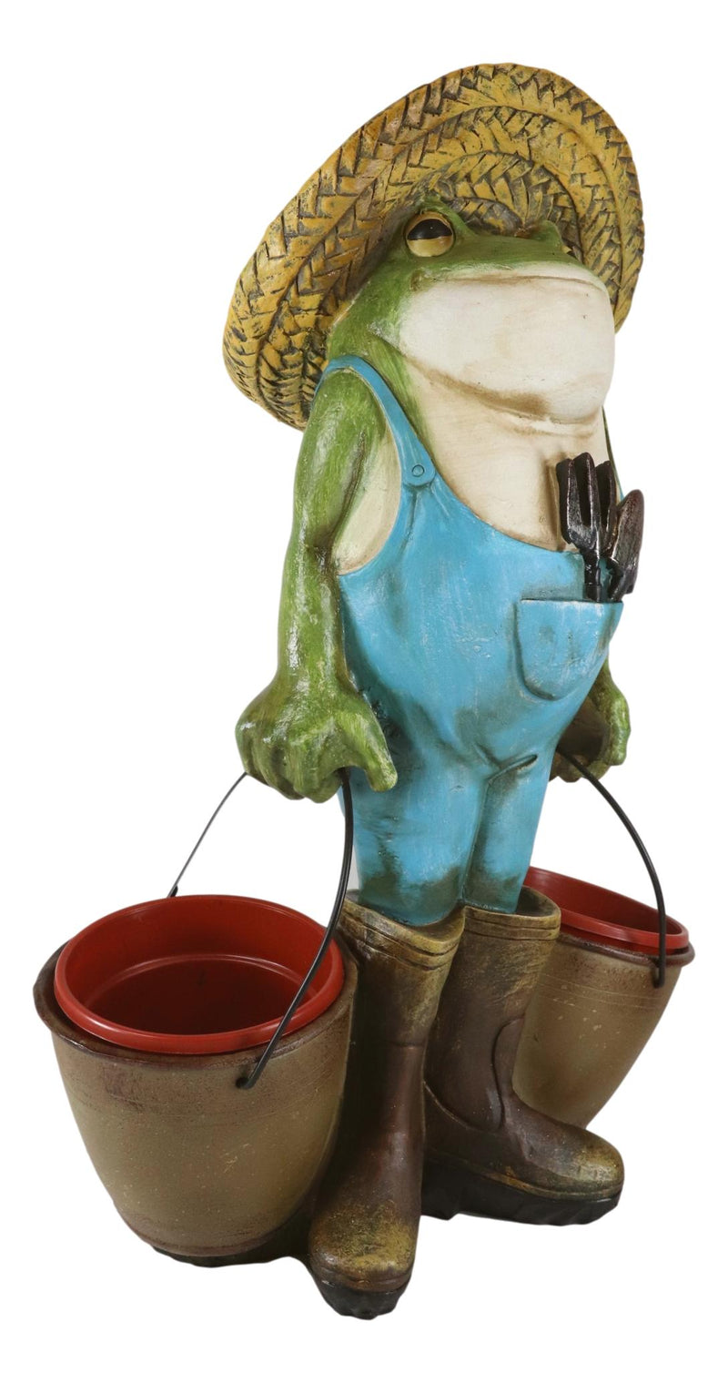Green Thumb Frog Toad With Trowel and Fork Carrying Pails Planter Vase Statue