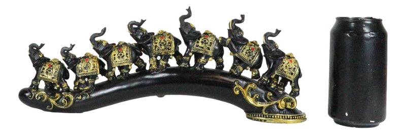 Elephant Herd On Great Migration On Black Tusk With Golden Scrollwork Figurine