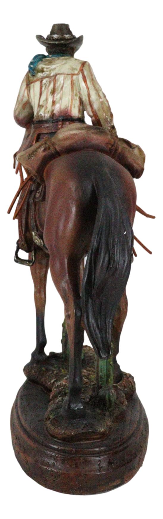 Western Desert Cowboy On Saddleback Brown Stallion Horse By Cactus Figurine