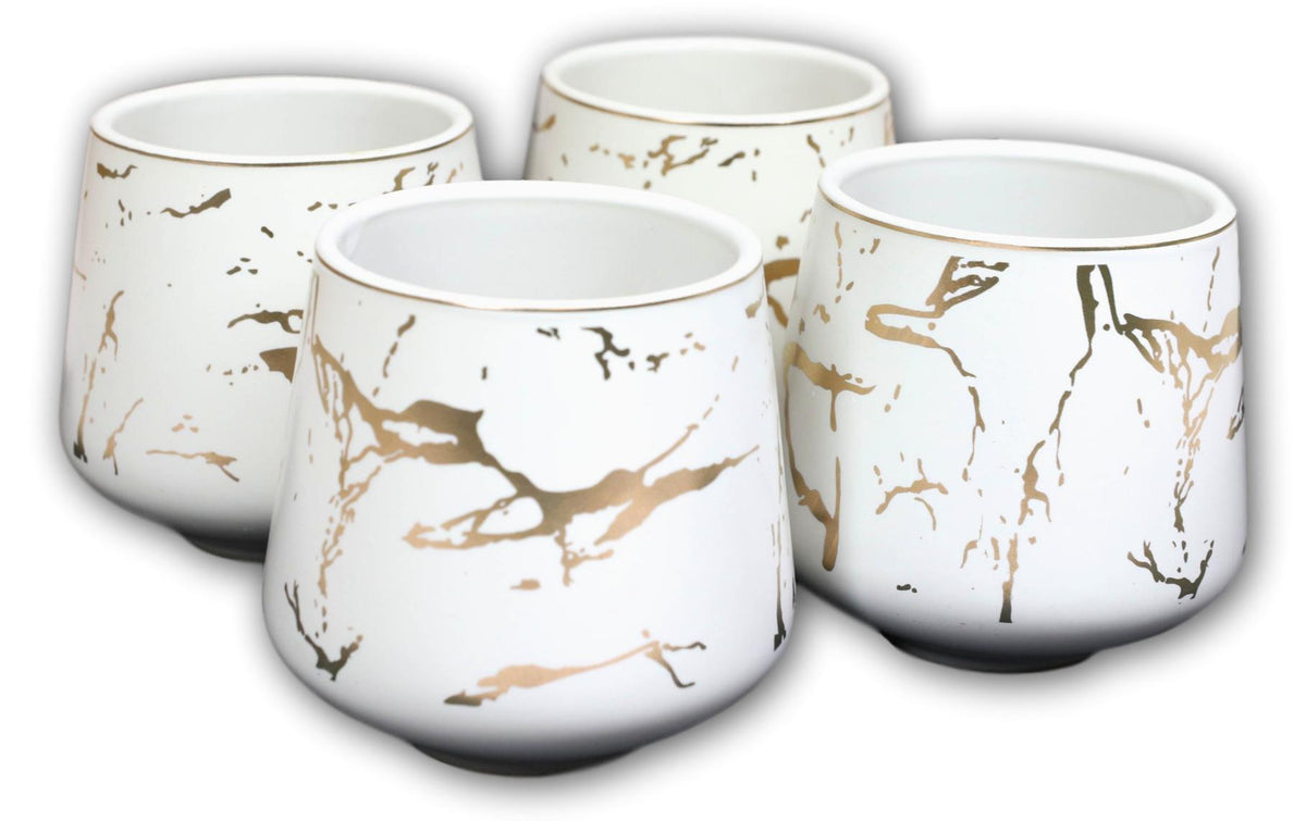 White Faux Marble With Gold Veins Ceramic Tea Pot And Cups With Tray Set For 4 - Ebros Gift