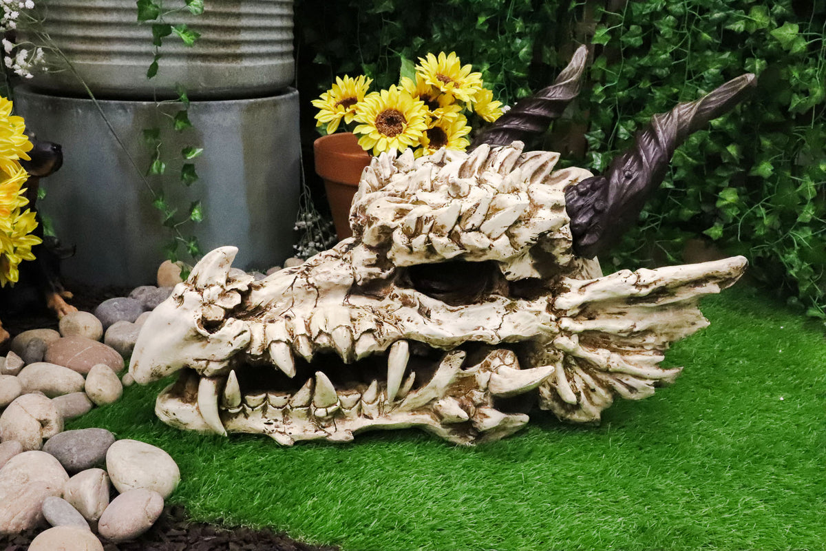 Large 27" Long Dragon Fossil Skull With Horns Mighty Grendel Resin Home Decor Figurine