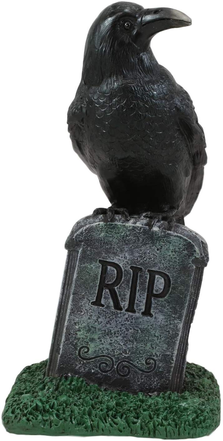 Ebros Gothic Raven Crow On Tombstone Statue 8"H RIP Headstone Figurine Decor