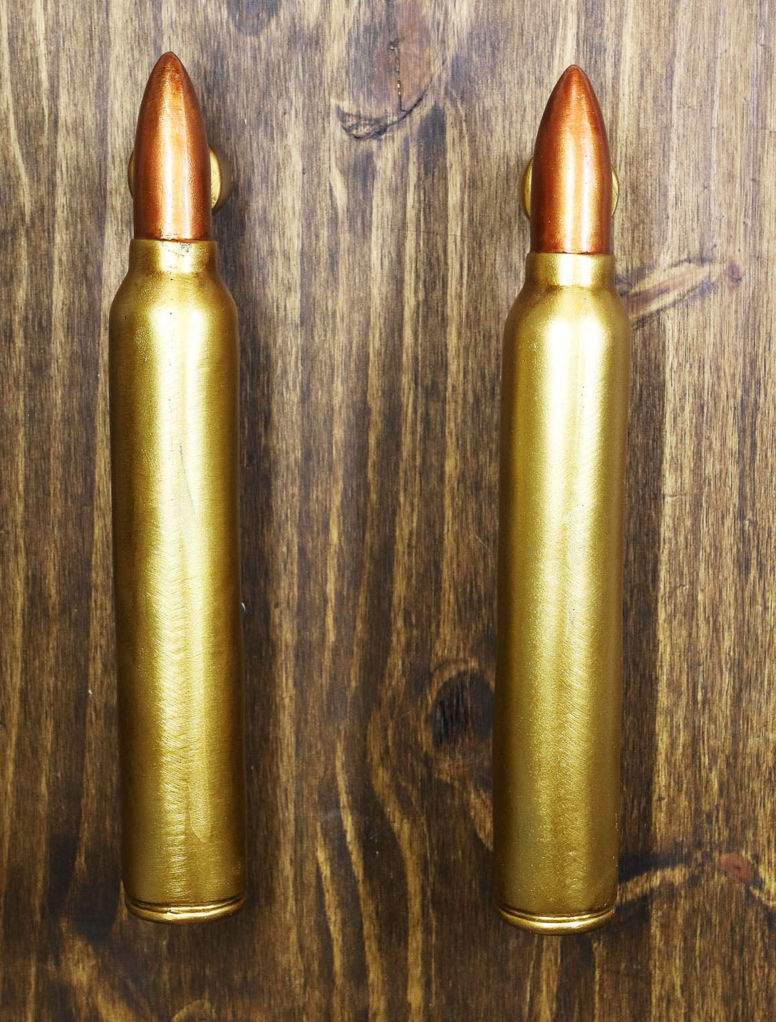 Set of 2 Oversized Faux Hunter Rifle Bullet Casings Barn Door Bar Pull Handles