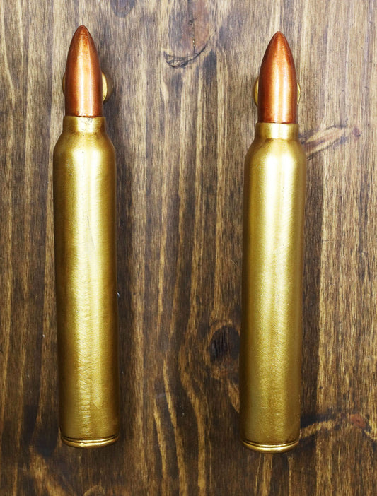 Set of 2 Oversized Faux Hunter Rifle Bullet Casings Barn Door Bar Pull Handles