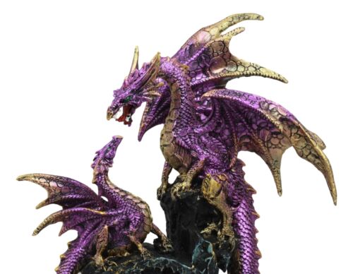 Metallic Purple Mother Dragon With Baby Family Statue 10.5"H Fantasy Home Decor - Ebros Gift