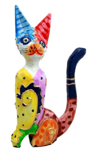 Balinese Wood Handicrafts Colorful Feline Cat Family Set of 3 Decor Figurines
