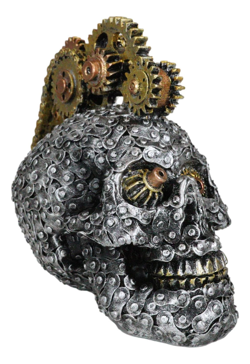 Geared Mohawk Steampunk Cyborg Robot Biker Skull With Motorcycle Chains Figurine