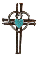 Rustic Western Nail Spikes With Bent Nail Heart And Turquoise Rock Wall Cross