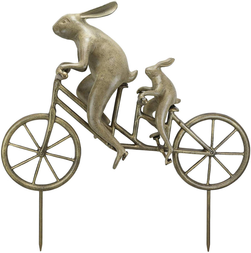 Ebros Aluminum Father & Son Rabbits Riding Tandem Bicycle 27"L Garden Statue