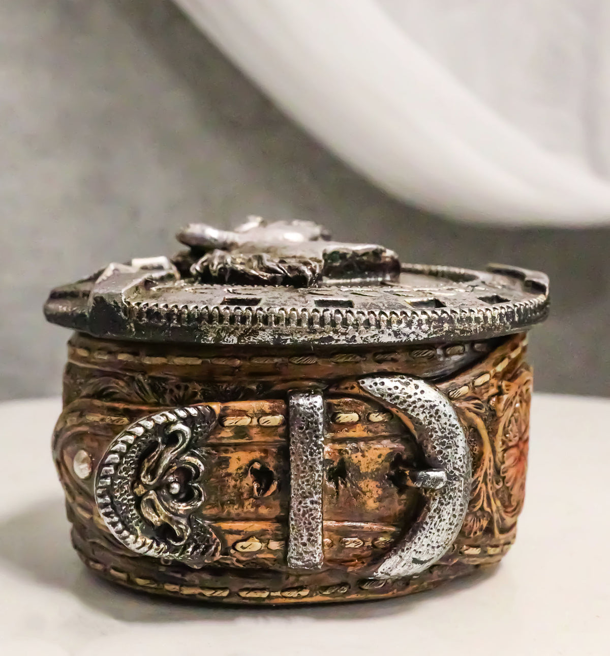 Rustic Western Horseshoe With Horse Scrollwork Concho Buckle Jewelry Trinket Box - Ebros Gift