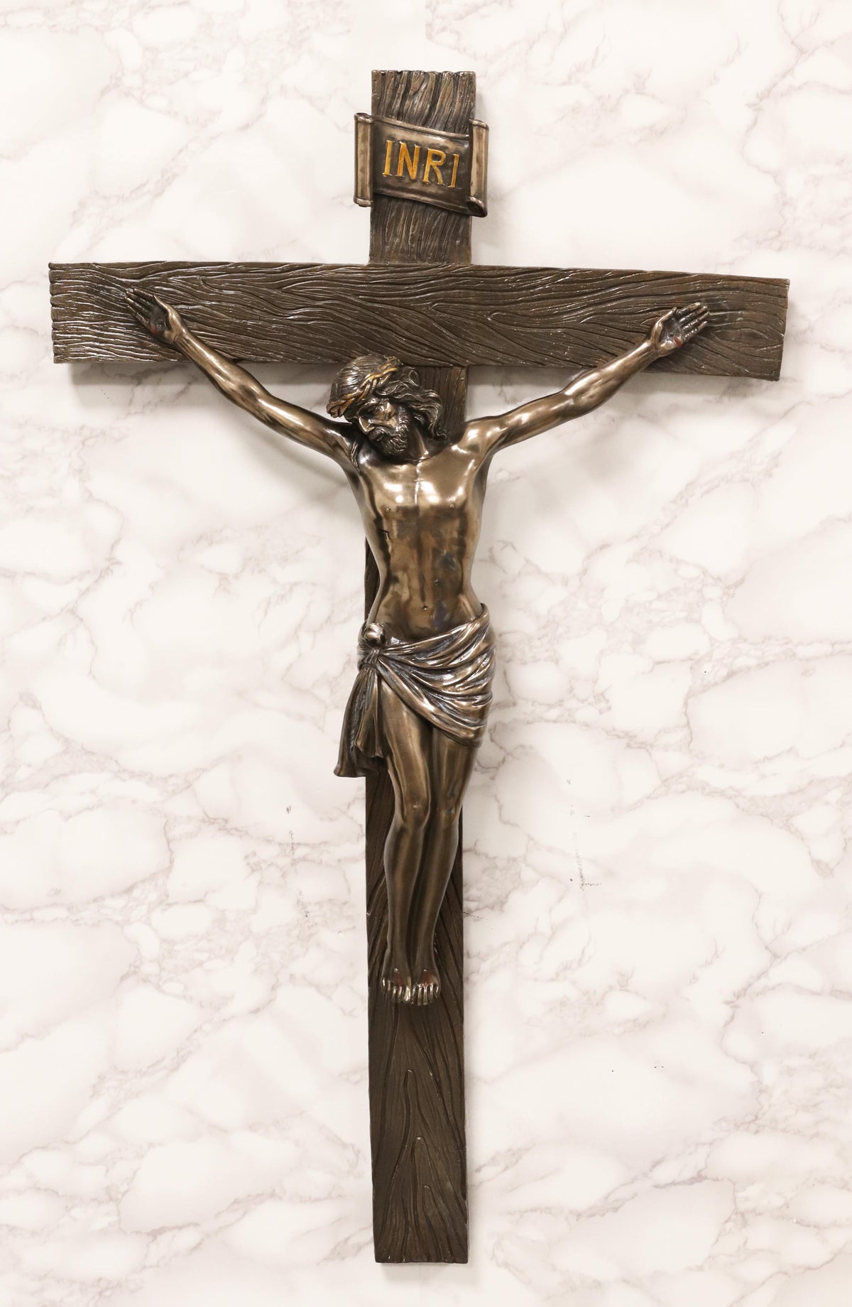 Large Faux Bronze 30"H INRI Jesus Christ On Cross Wall Hanging Crucifix Plaque