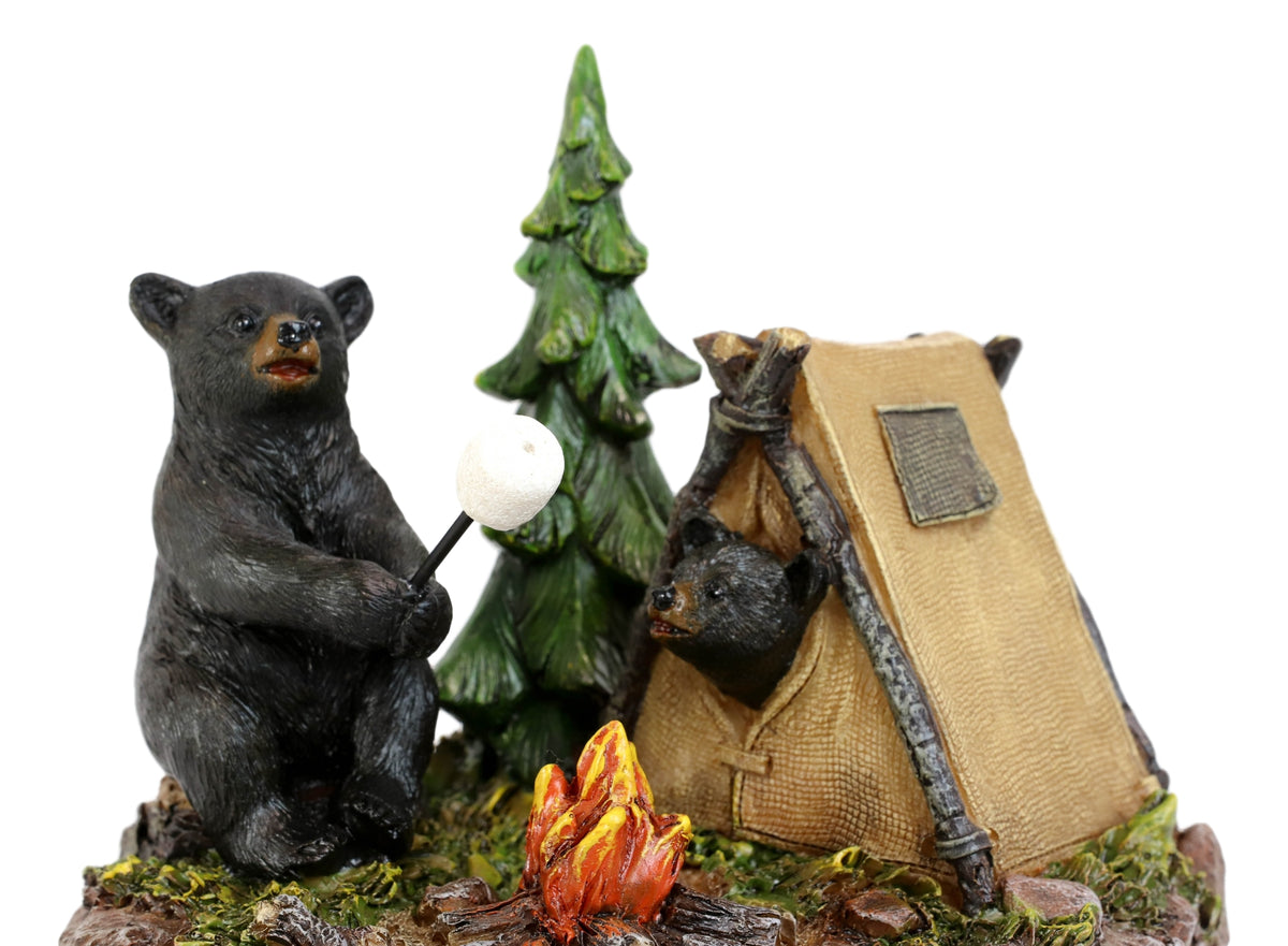 Happy Campers Rustic Black Bear And Cub Roasting Marshmallow By Bonfire Statue