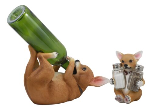 Ebros Picante Teacup Tan Chihuahua Puppy Wine Holder and Salt Pepper Shakers Holder Figurine Set