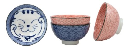 Japanese Lucky Cat Maneki Neko 4.5"D 11oz Colorful Porcelain Rice Bowls Set of 4