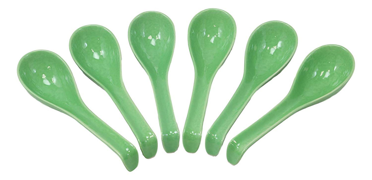 Ebros Japanese Modern Porcelain Soup Spoons With Ladle Hook Pack Of 6 (Green) - Ebros Gift