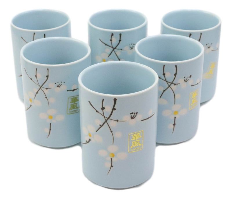 Pack Of 6 Japanese Sakura Cherry Blossom Pastel Light Blue Ceramic Tea Cups 10oz