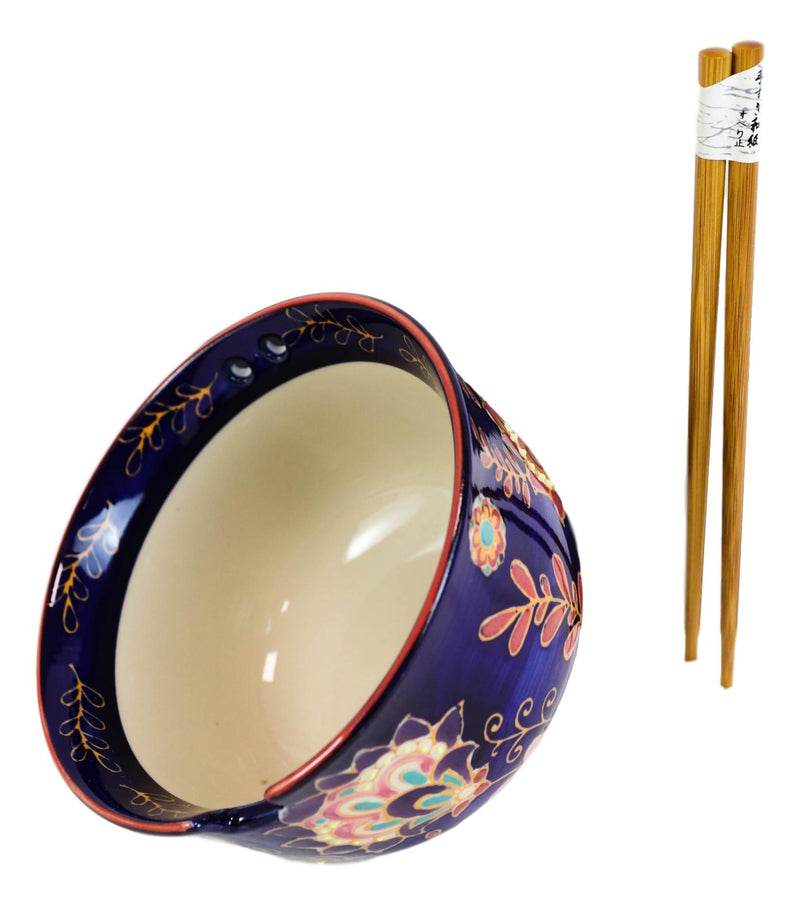 Mandala Floral Blossoms Purple Ramen Noodles Soup Large 6"D Bowl W/ Chopsticks